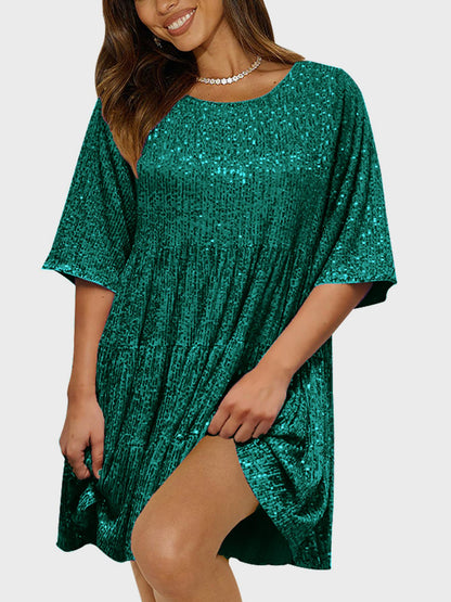 Full Size Sequin Round Neck Half Sleeve Mini Dress