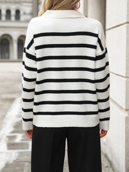 Striped Johnny Collar Long Sleeve Sweater