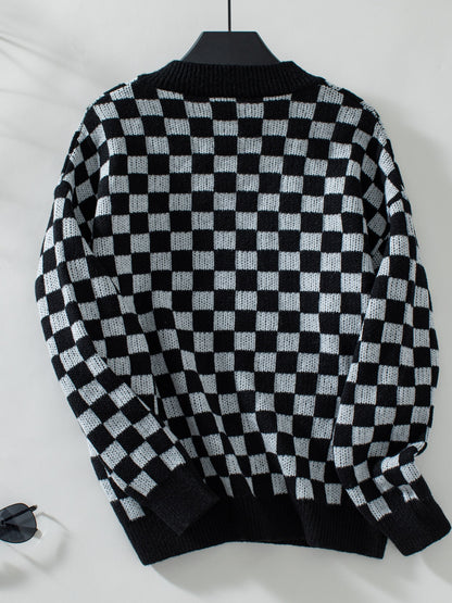 Checkered V-Neck Dropped Shoulder Sweater