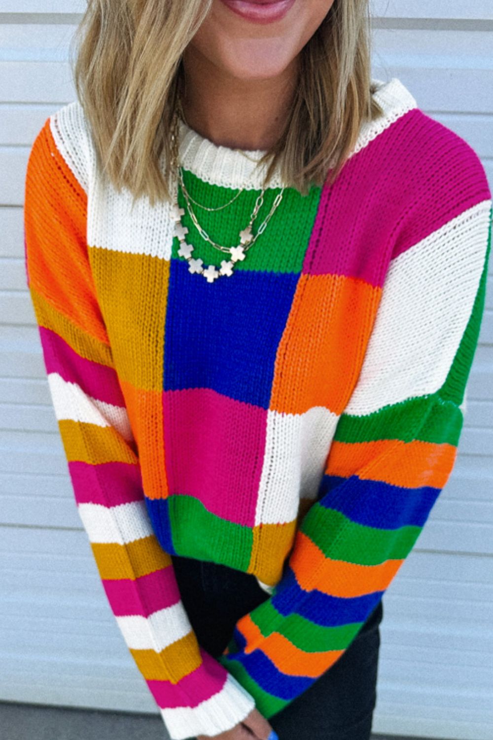 Color Block Round Neck Long Sleeve Sweater