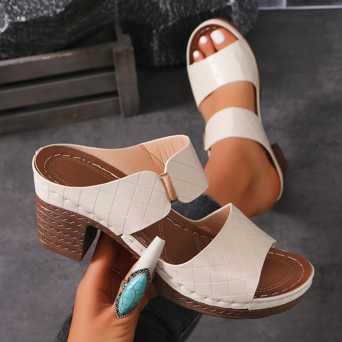 PU Leather Block Heel Sandals