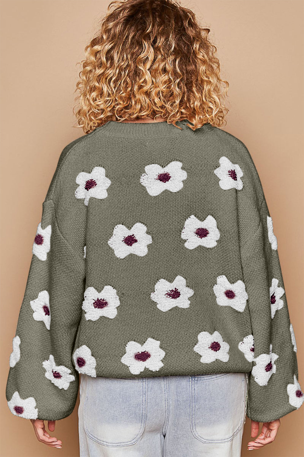 POL Daisy Pattern Drop Shoulder Sweater